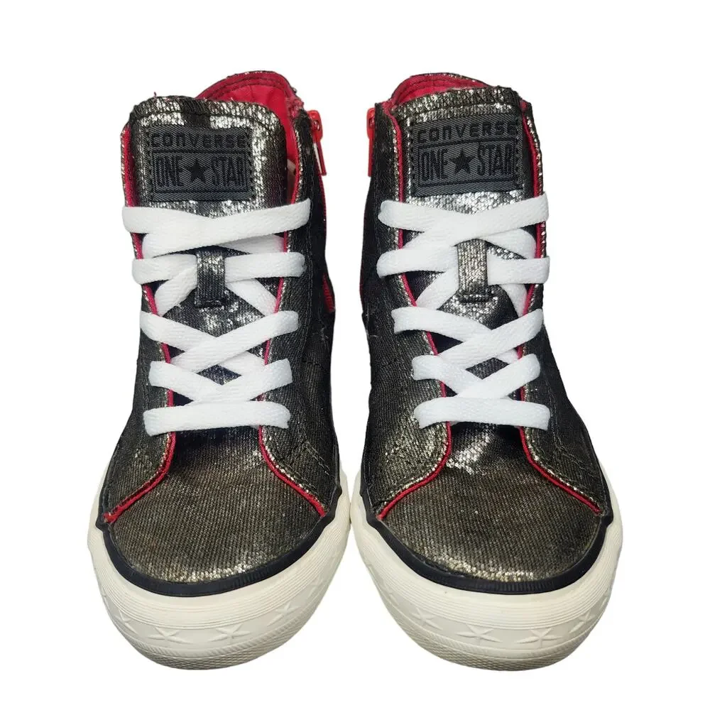 Converse All Star Shoes Juniors 13 Silver Metallic Shiny High Tops Hot Pink Zip